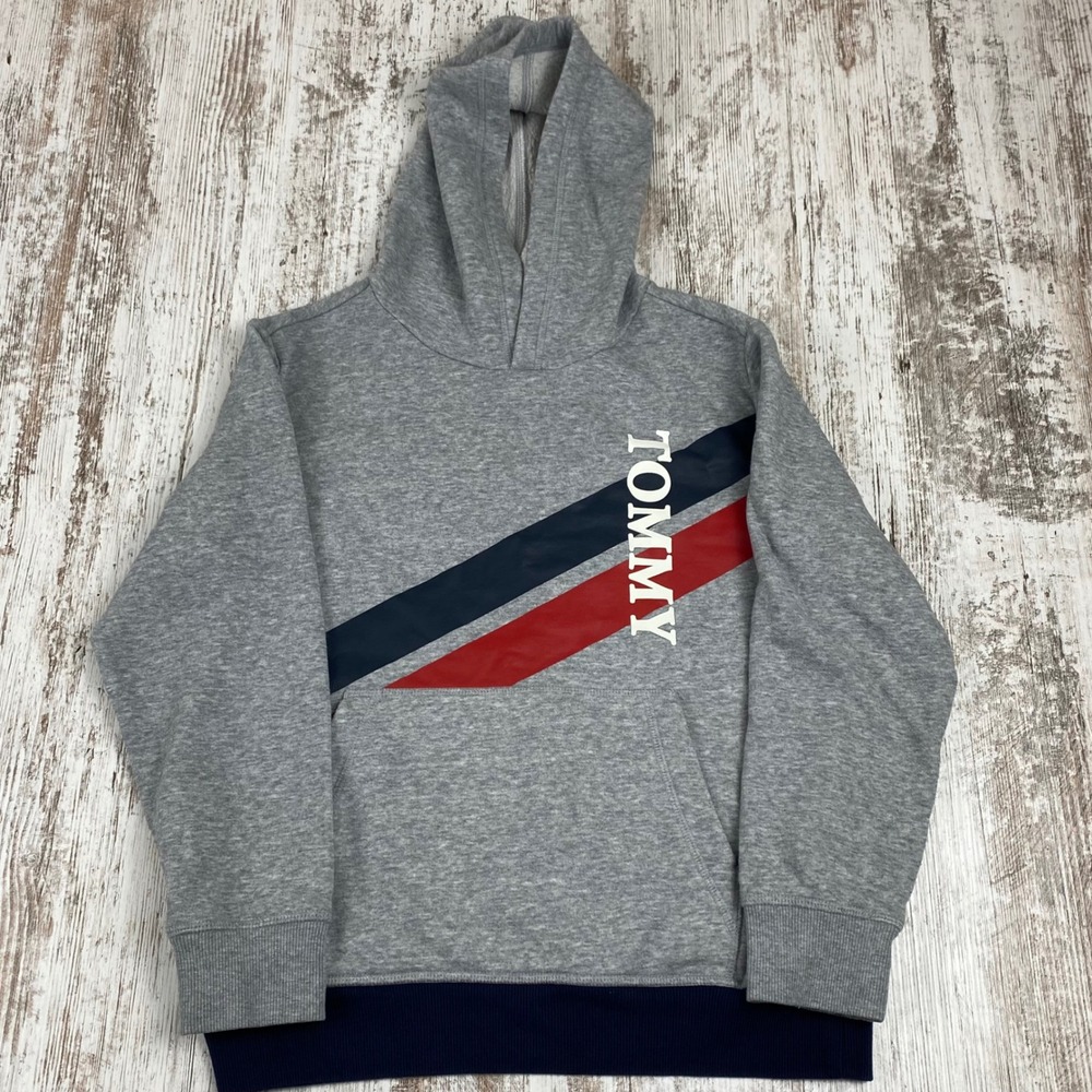 Tommy Hilfiger Boys Graphic Hoodie Gray Colorblock Logo Pullover Size M 12-14‎